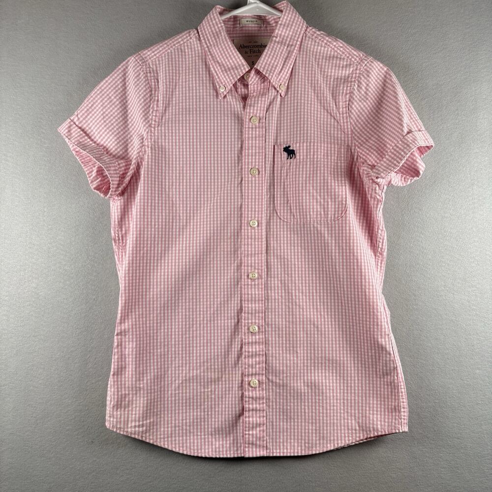 Abercrombie & Fitch Men's Small Pink Gingham Muscle Fit Shirt